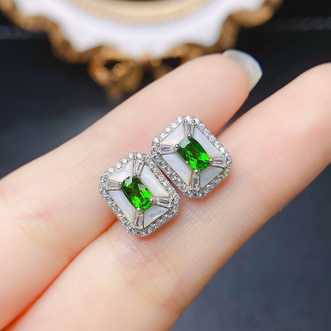 Natural Diopside Stud Earrings S925 Silver Inlaid Main Stone-Jewearrings