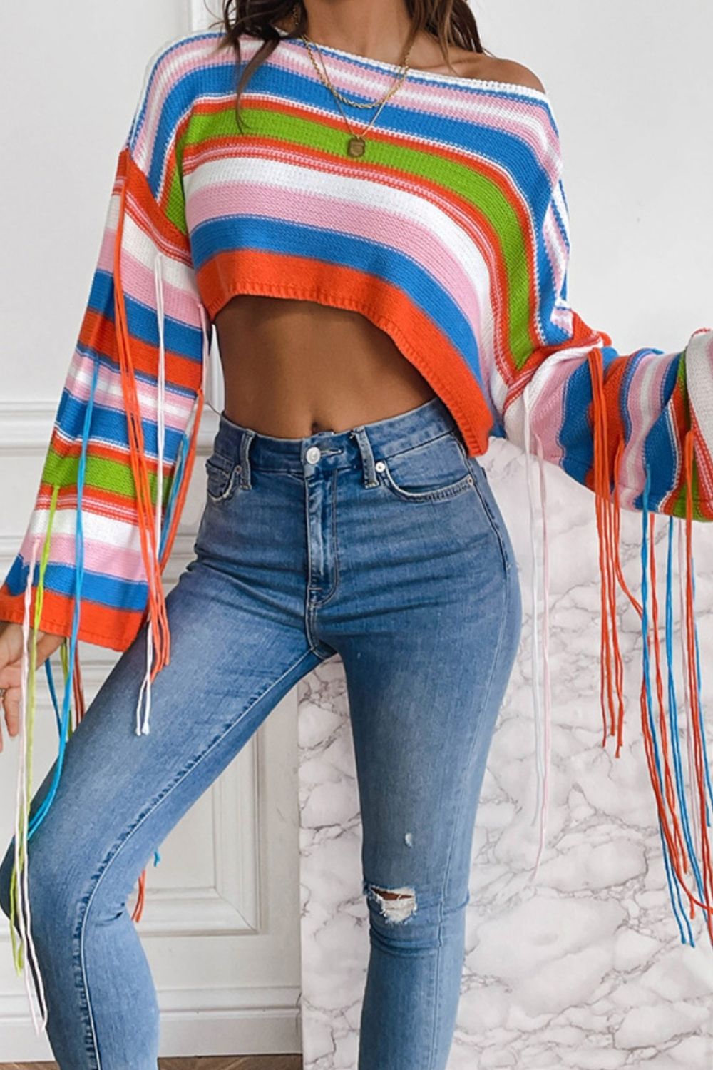 Fringe Striped Round Neck Knit Top-Jewearrings