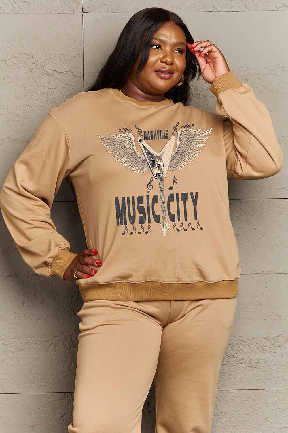 Simply Love Simply Love Full Size Round Neck Dropped Shoulder MUSIC CITY Graphic Sweatshirt-Jewearrings