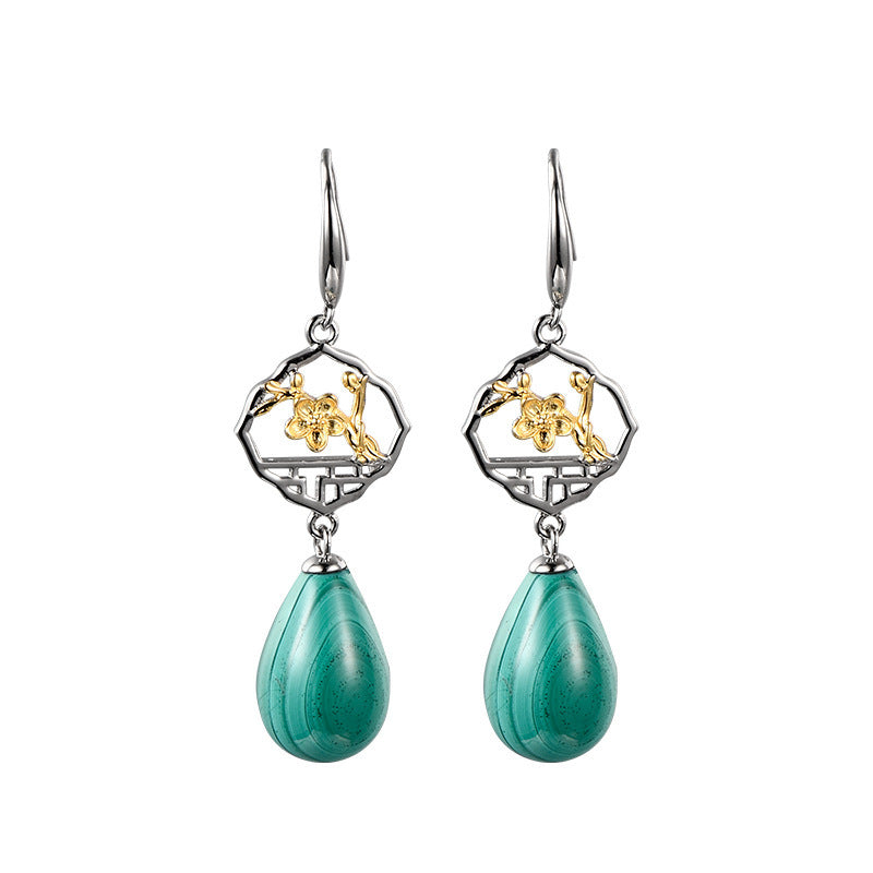 S925 Silver Chinese Ancient Style Window Plum Drop-shaped Malachite Earrings-Jewearrings