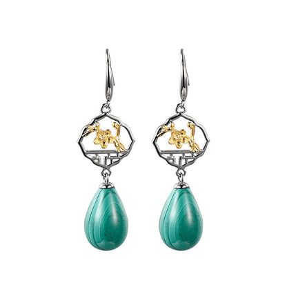 S925 Silver Chinese Ancient Style Window Plum Drop-shaped Malachite Earrings-Jewearrings