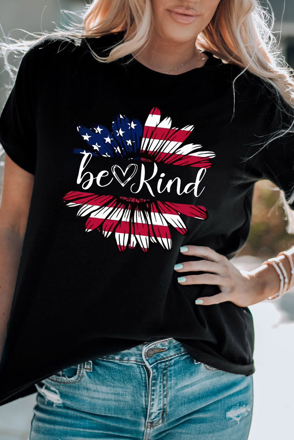 BE KIND US Flag Graphic Round Neck Tee-Jewearrings