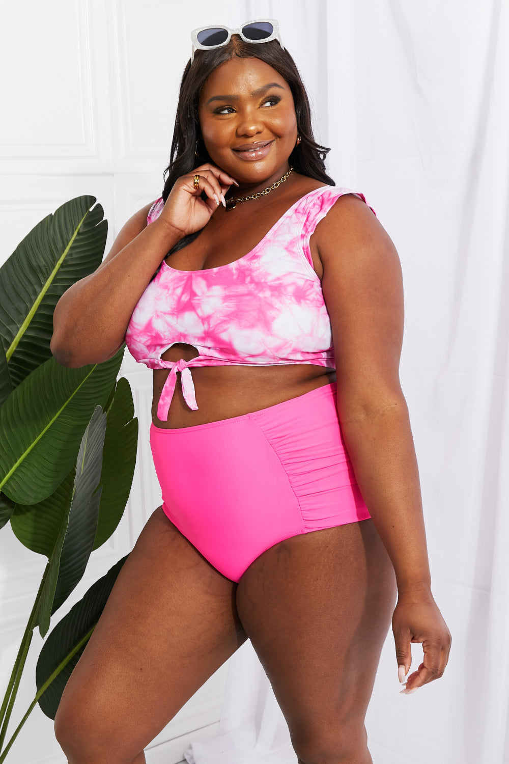 Marina West Swim Sanibel Crop Swim Top and Ruched Bottoms Set in Pink-Jewearrings