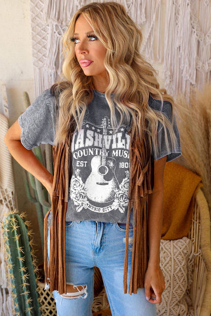 NASHVILLE COUNTRY MUSIC Graphic Round Neck Tee Shirt-Jewearrings