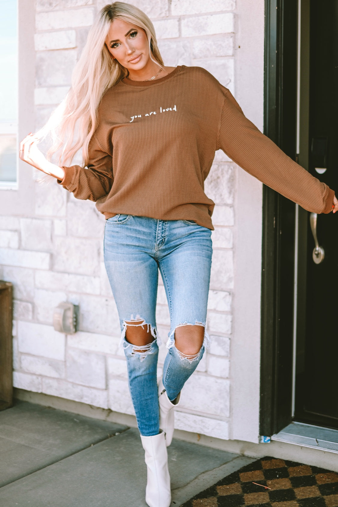 YOU ARE LOVED Graphic Dropped Shoulder Corduroy Sweatshirt-Jewearrings