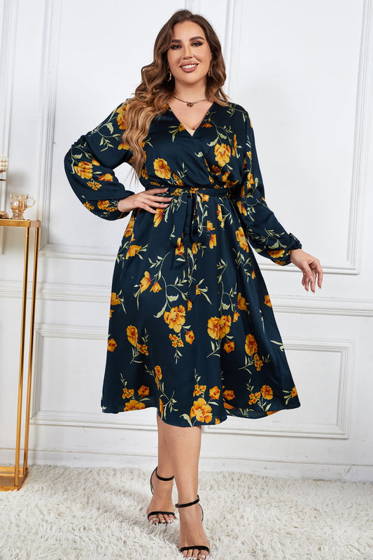 Melo Apparel Plus Size Floral Print Surplice Neck Midi Dress-Jewearrings