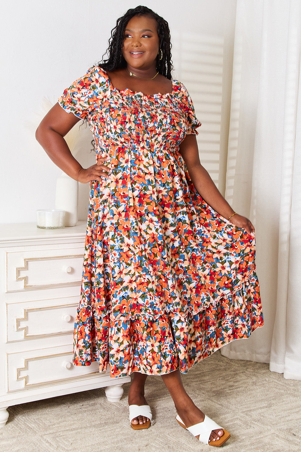 Plus Size Floral Smocked Square Neck Dress-Jewearrings