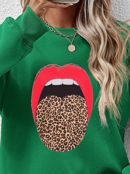 Leopard Lip Graphic Round Neck Sweatshirt-Jewearrings