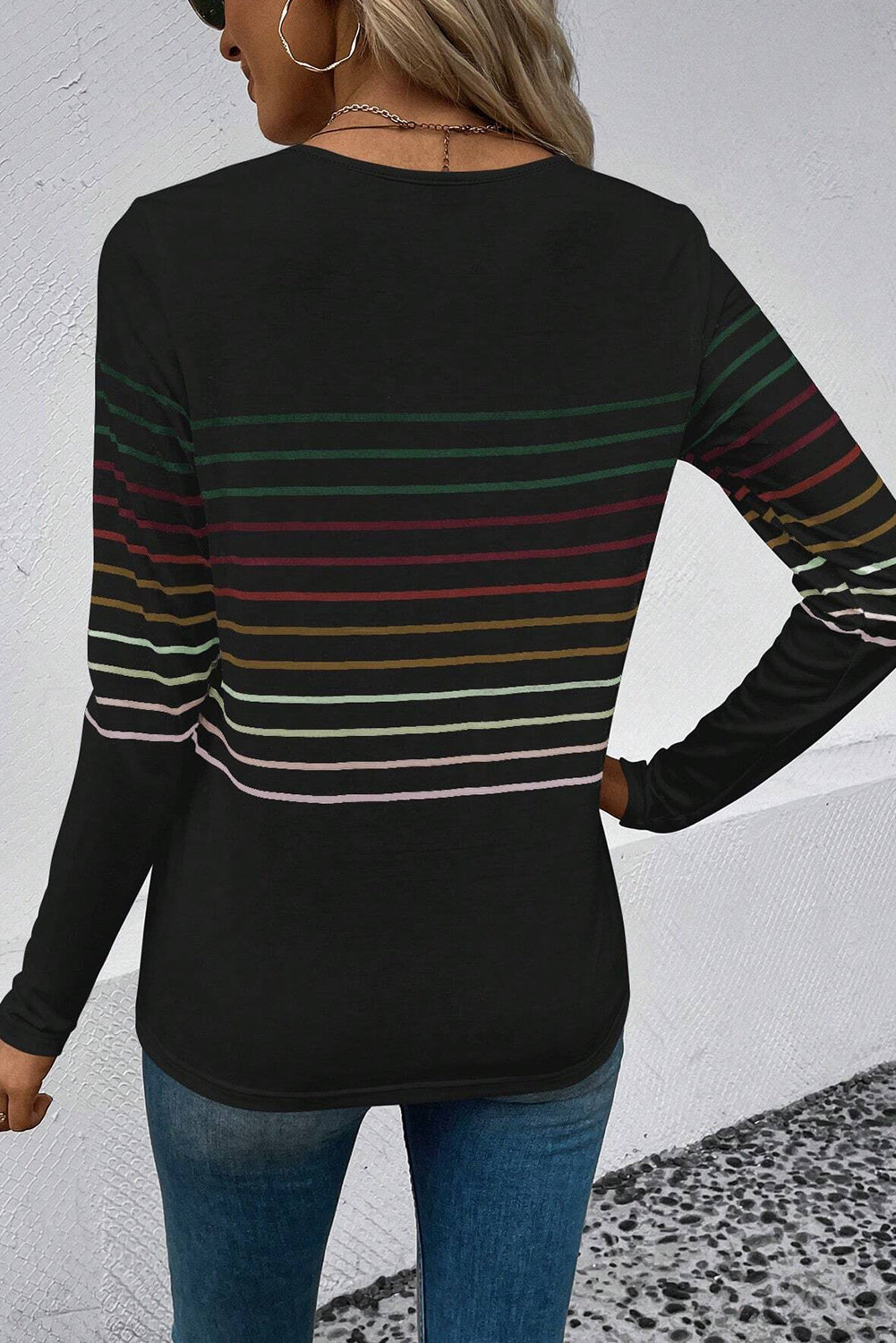 Striped Round Neck Long Sleeve T-Shirt-Jewearrings