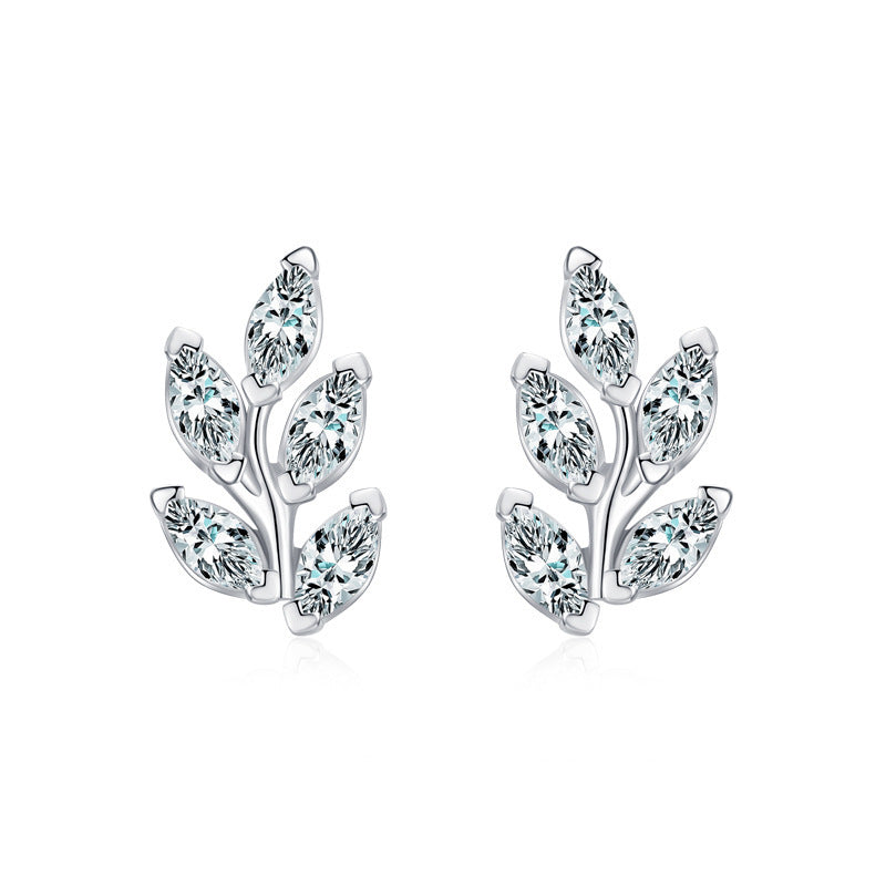 Women's Sterling Silver Fashion Leaf Stud Earrings With Diamonds-Jewearrings