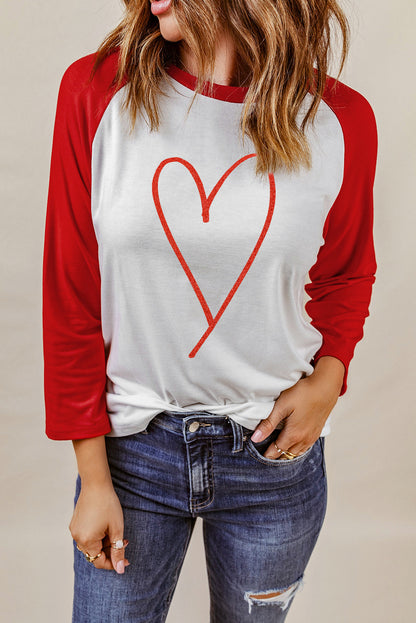 Contrast Baseball Sleeve Heart Graphic Top-Jewearrings