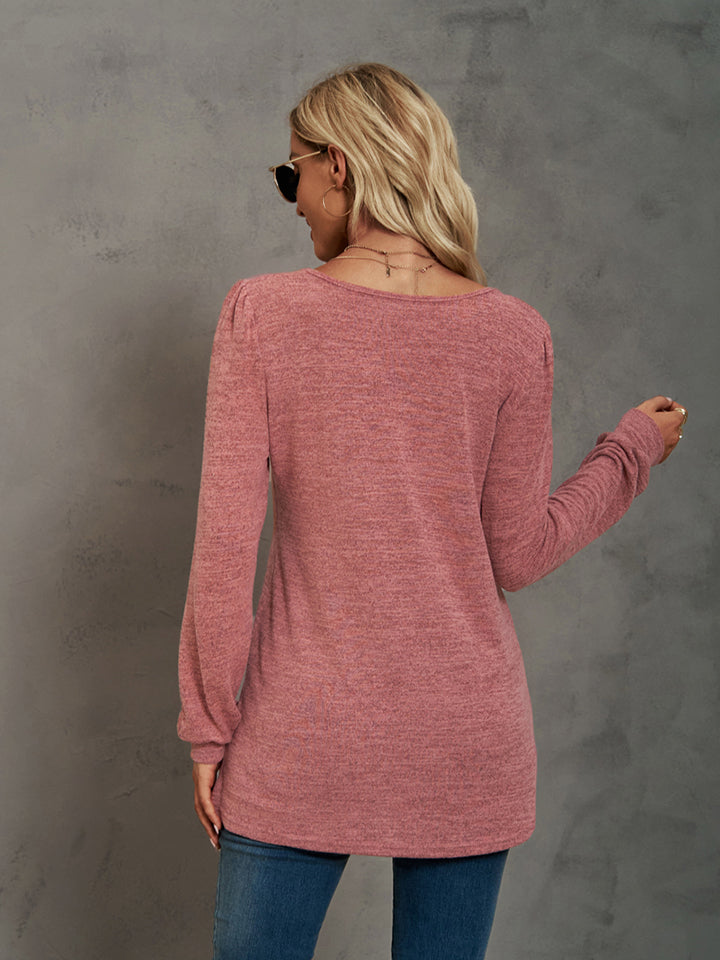 Heathered Square Neck Long Sleeve T-Shirt-Jewearrings