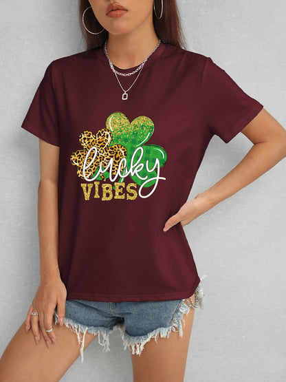 LUCKY VIBES Round Neck Short Sleeve T-Shirt-Jewearrings