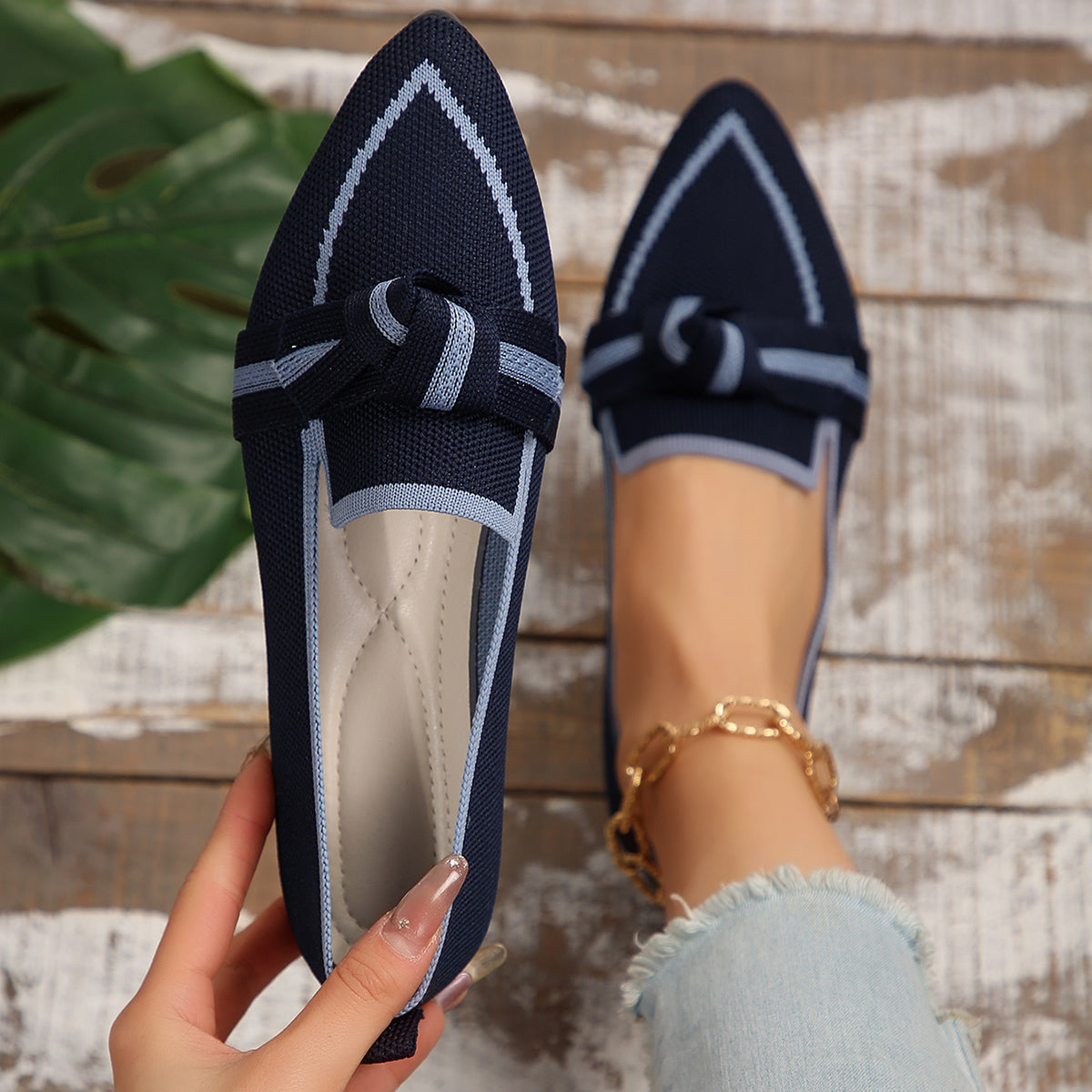 Bow Contrast Trim Point Toe Loafers-Jewearrings