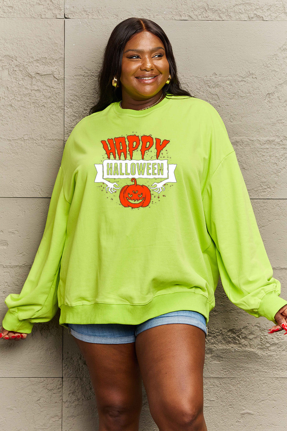 Simply Love Full Size HAPPY HALLOWEEN Graphic Sweatshirt-Jewearrings