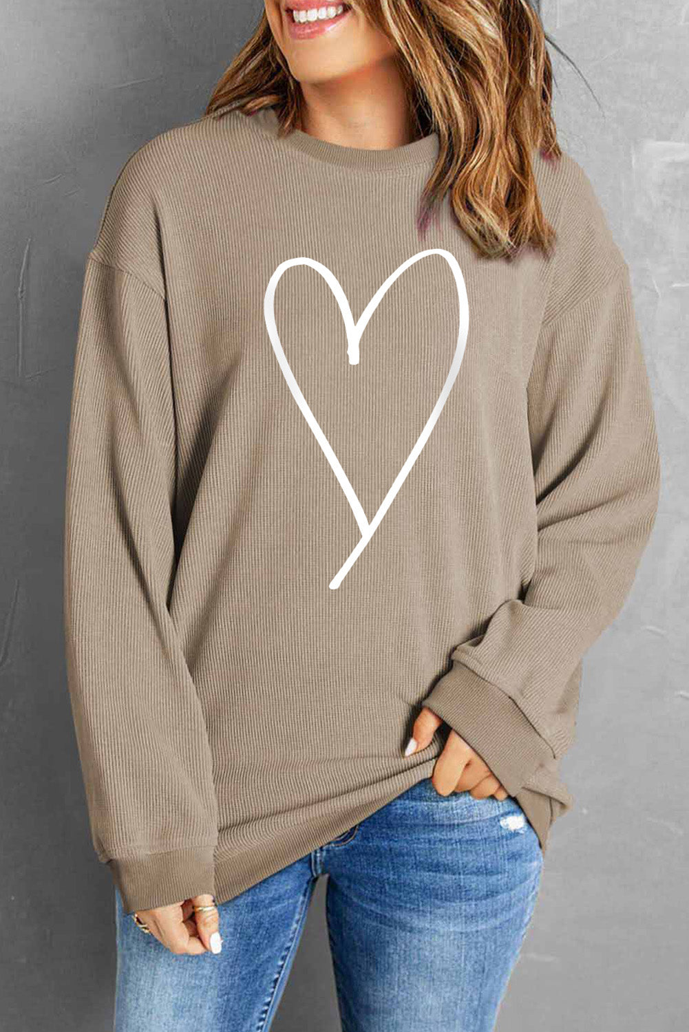 Heart Round Neck Dropped Shoulder Sweatshirt-Jewearrings