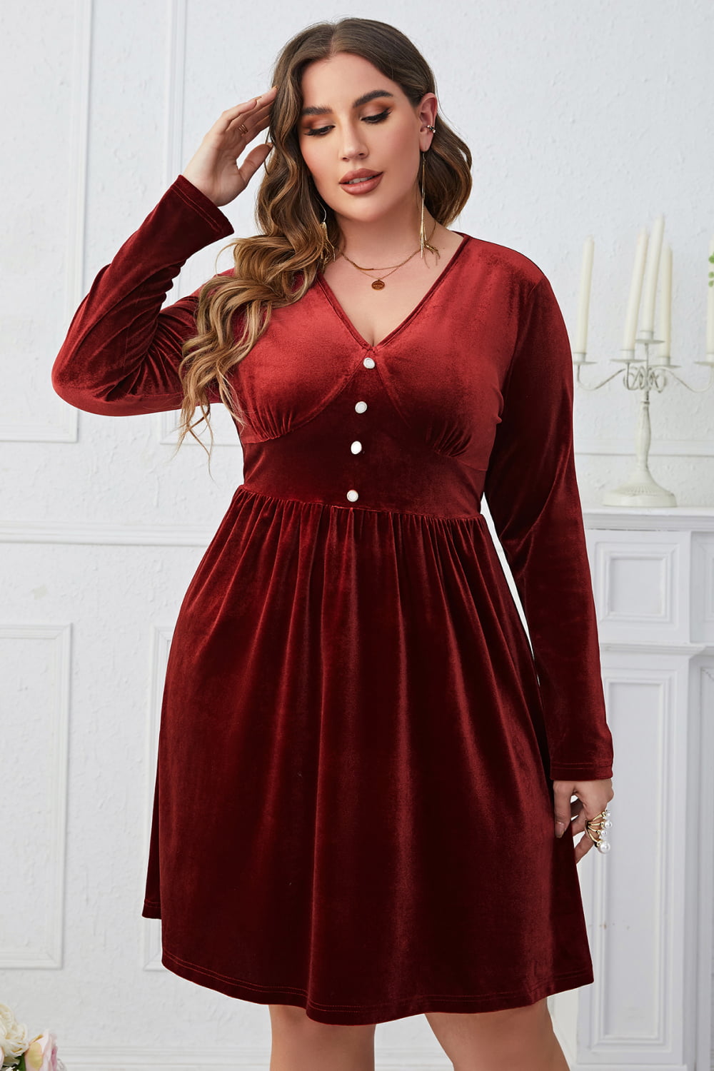 Melo Apparel Plus Size V-Neck Decorative Button Knee Length Dress-Jewearrings