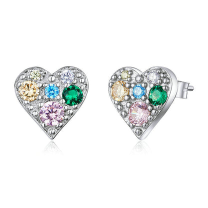 Sterling Silver Stud Earrings Colored Zircon Heart Shaped Personality Earrings-Jewearrings