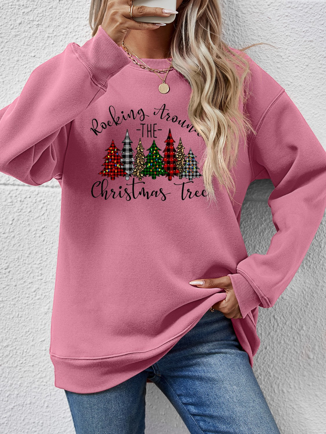 Christmas Tree Graphic Round Neck Sweatshirt-Jewearrings