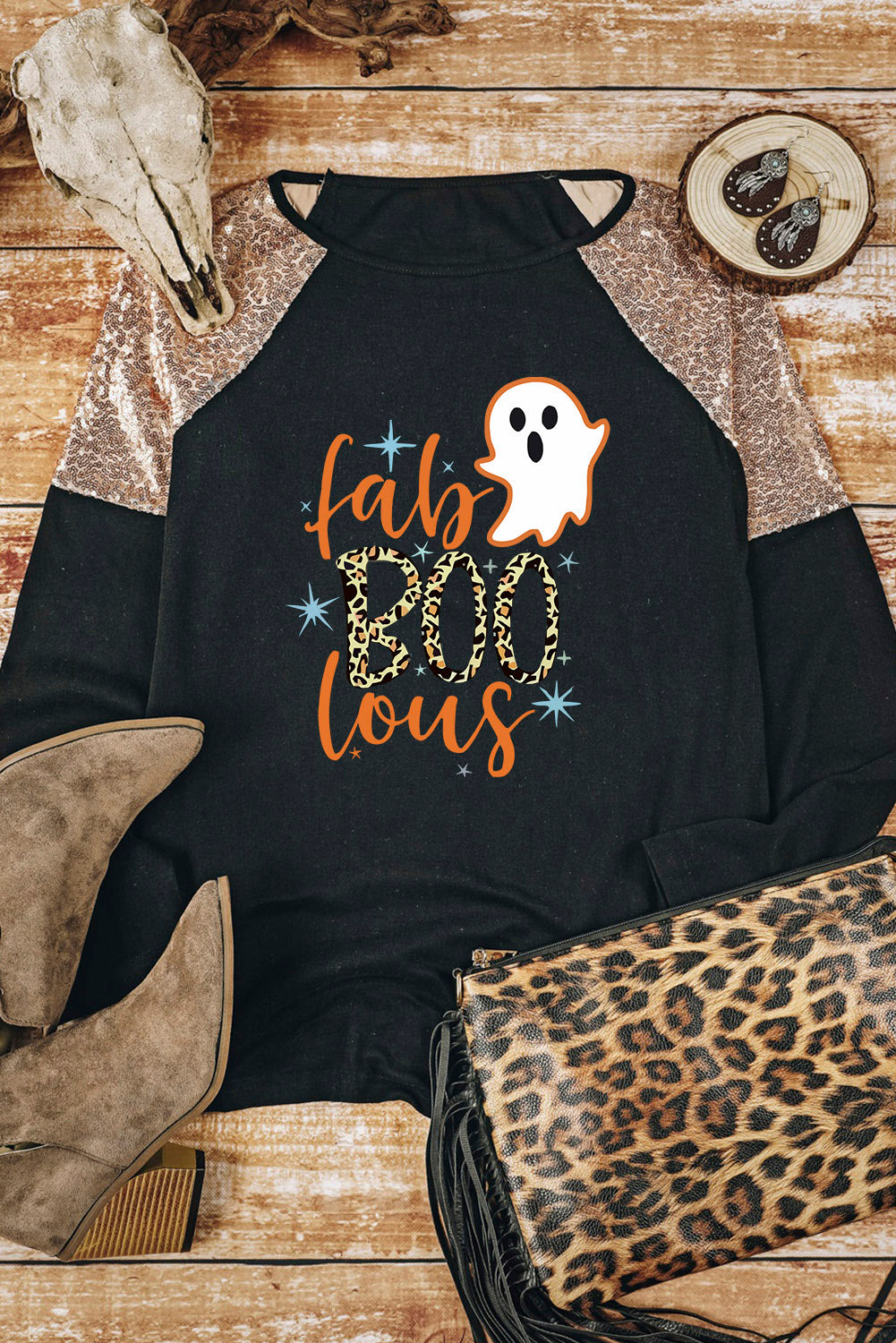 Ghost Graphic Sequin Long Sleeve T-Shirt-Jewearrings