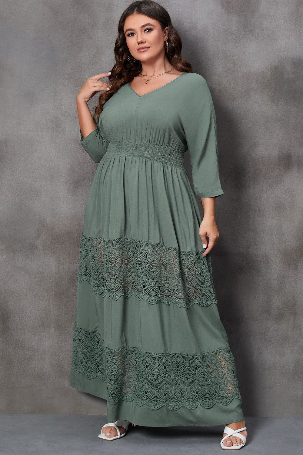 Plus Size Tied V-Neck Smocked Crochet Maxi Dress-Jewearrings