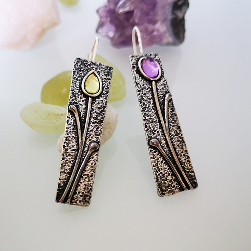 Colorful Amethyst Gem Earrings Europe And America Creative Flower Vintage Thai Silver Earrings For Women-Jewearrings