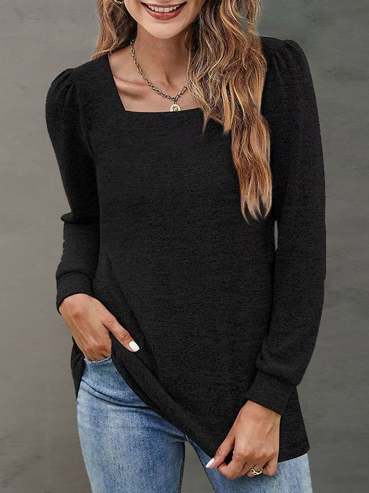 Heathered Square Neck Long Sleeve T-Shirt-Jewearrings