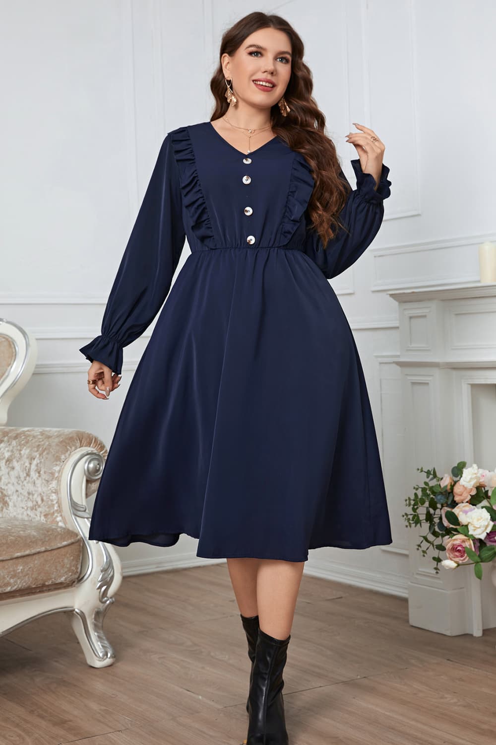 Melo Apparel Plus Size V-Neck Buttoned Flounce Sleeve Dress-Jewearrings