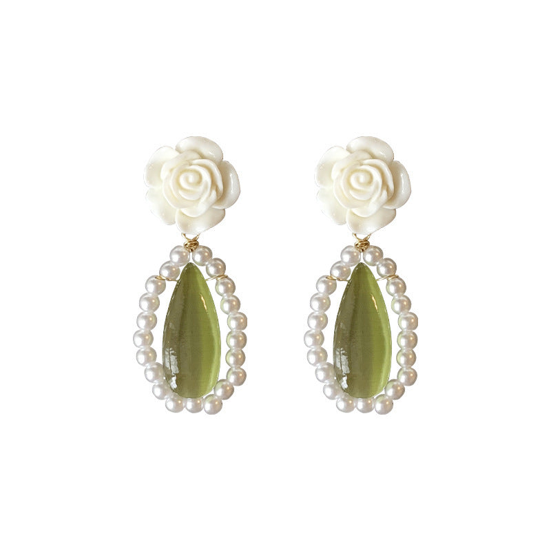 White Rose Pearl Green Opal Drop Earrings Ear Clips-Jewearrings