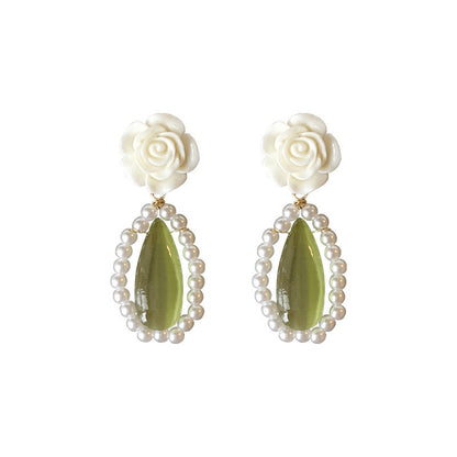 White Rose Pearl Green Opal Drop Earrings Ear Clips-Jewearrings