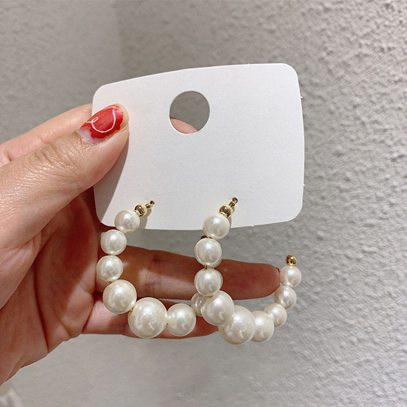 Women's Exaggerated Pearl Hoop Earrings-Jewearrings