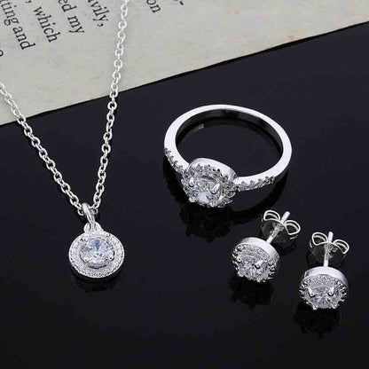 Zircon Silver Accessories Necklace Ring Earrings Suit-Jewearrings