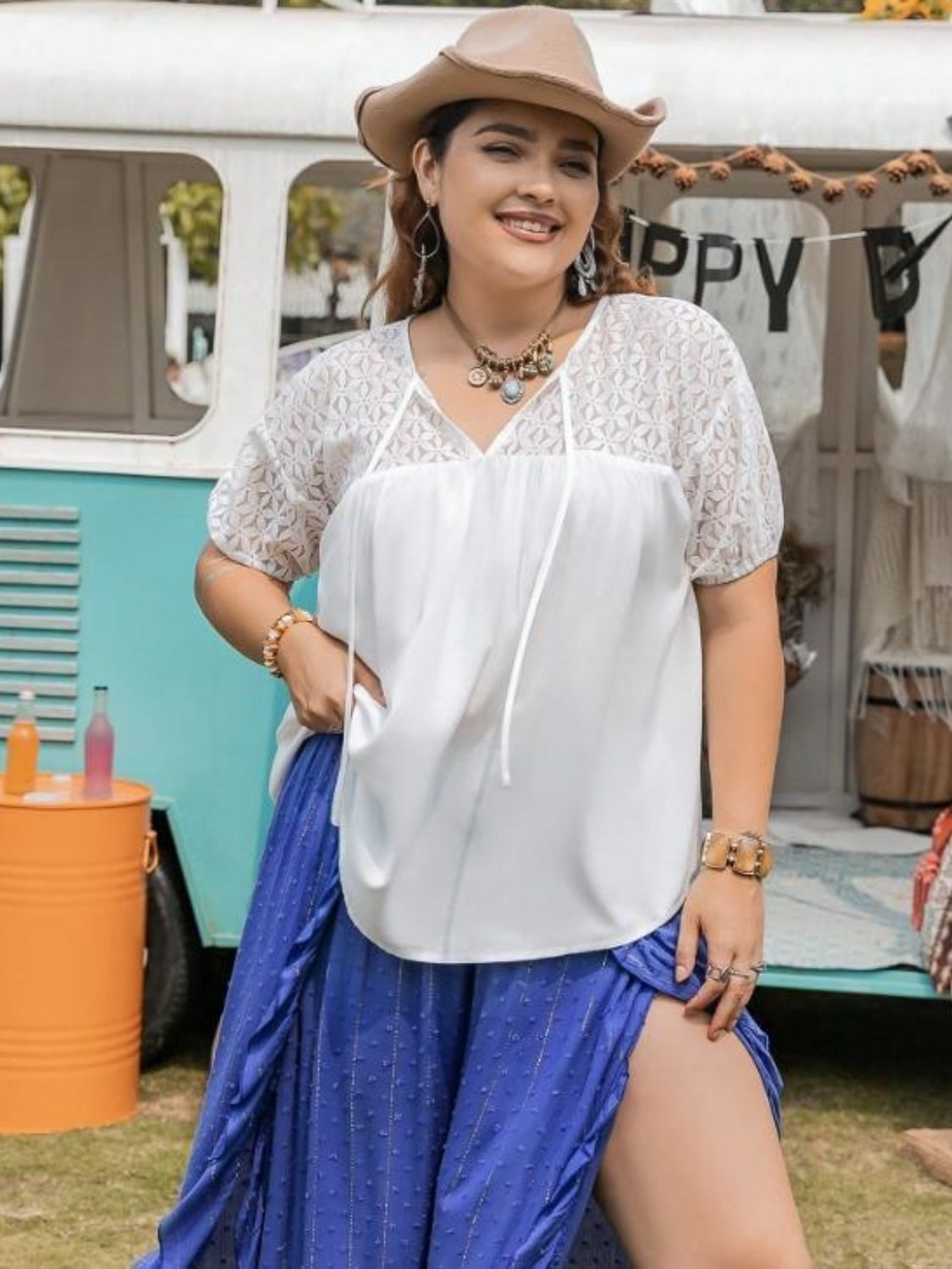 Plus Size Tie Neck Short Sleeve Blouse-Jewearrings