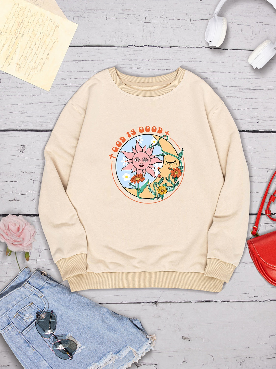 Graphic Round Neck Dropped Shoulder Sweatshirt-Jewearrings