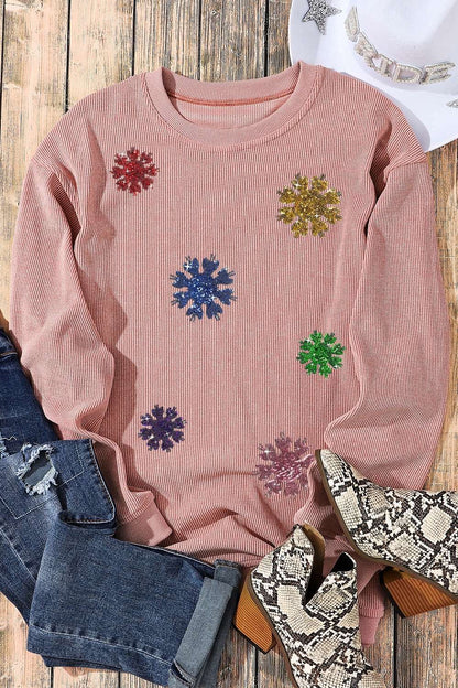 Sequin Snowflake Round Neck Sweatshirt-Jewearrings