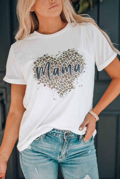 MAMA Leopard Heart Graphic Tee Shirt-Jewearrings