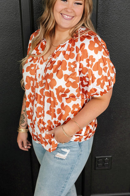 Plus Size Printed Tie Neck Short Sleeve Blouse-Jewearrings