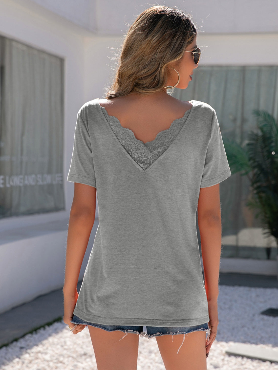 Lace Detail V-Neck Short Sleeve T-Shirt-Jewearrings