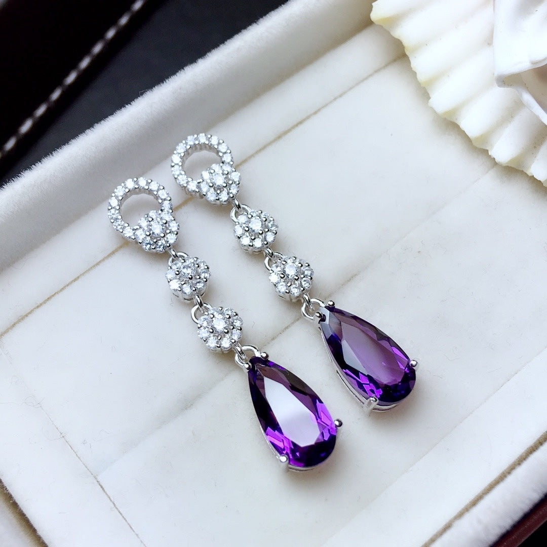 Women's Sterling Silver Inlaid Amethyst Earrings-Jewearrings