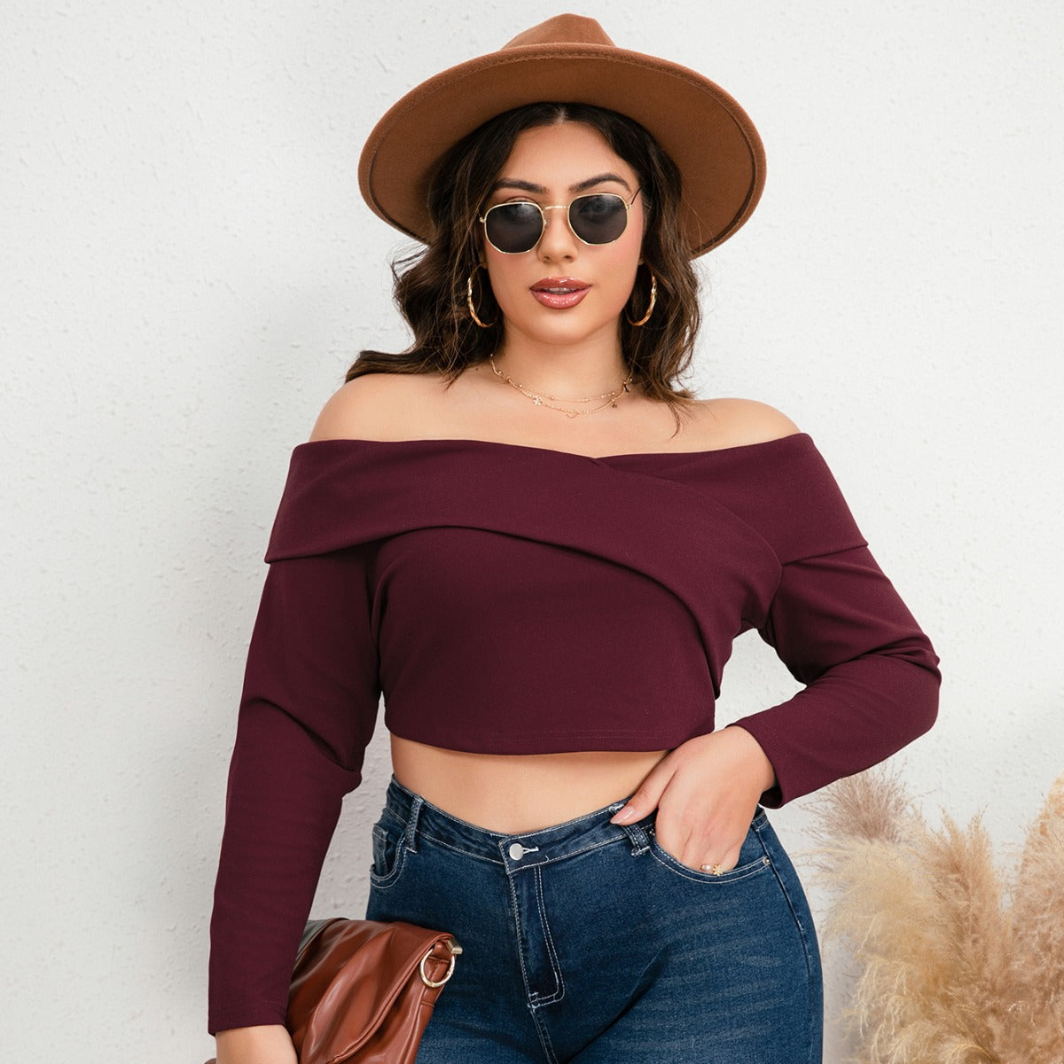 Plus Size Off-Shoulder Long Sleeve Cropped Top-Jewearrings