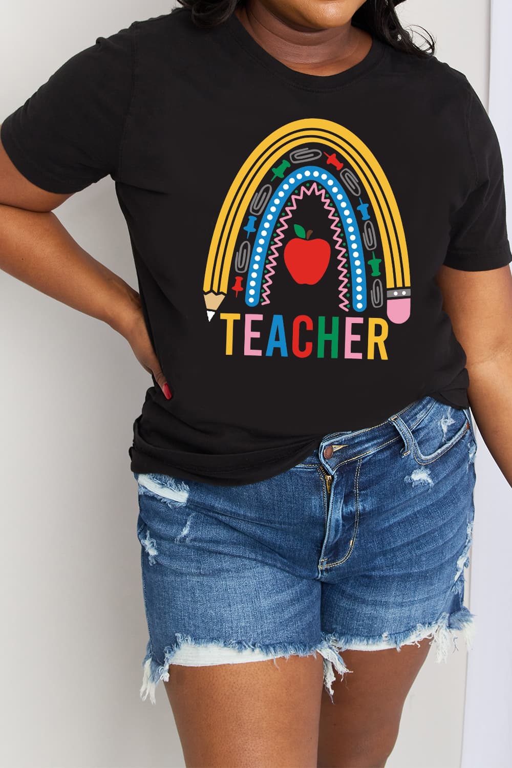 Simply Love Full Size TEACHER Rainbow Graphic Cotton Tee-Jewearrings