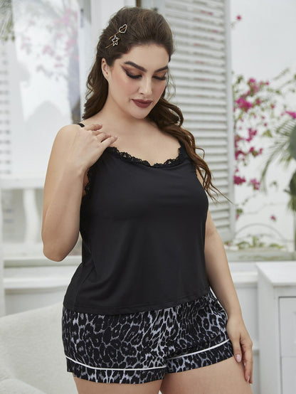 Plus Size Lace Trim Scoop Neck Cami and Printed Shorts Pajama Set-Jewearrings