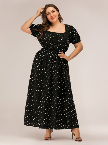 Plus Size Polka Dot Square Neck Dress-Jewearrings