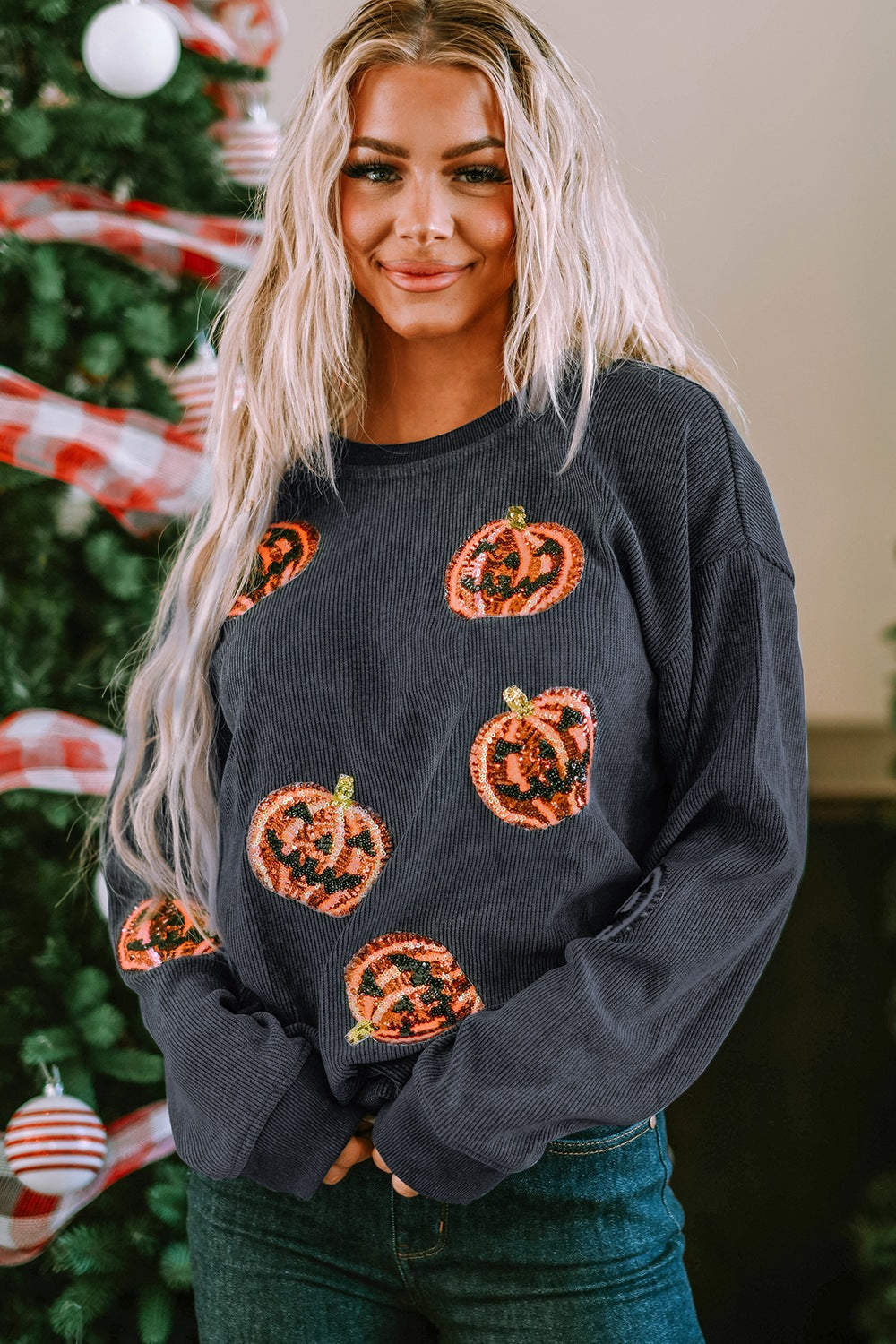 Sequin Patch Pumpkin Round Neck Sweatshirt-Jewearrings