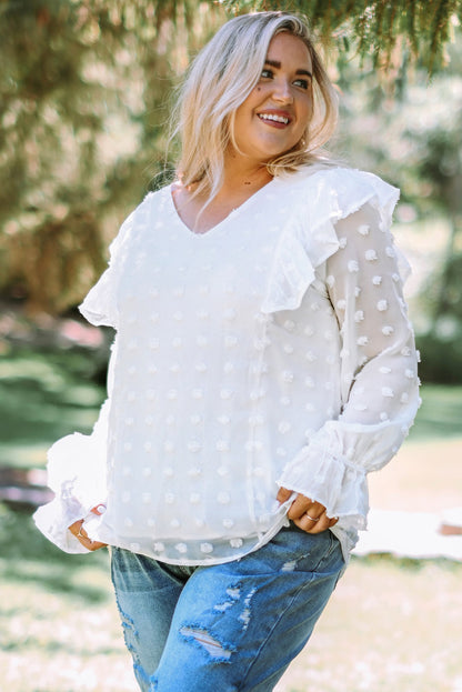 Plus Size Swiss Dot Ruffled Blouse-Jewearrings