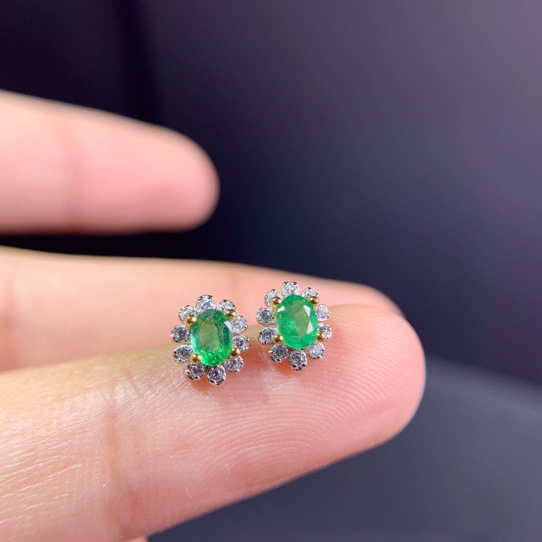 Women's Natural Emerald Silver Stud Earrings-Jewearrings