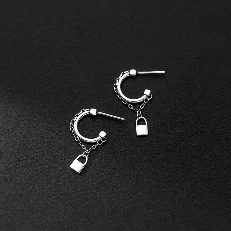 Vintage Style Thai Silver Small Lock Earrings Chain C-shaped Earrings-Jewearrings