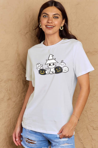 Simply Love Full Size Cat & Pumpkin Graphic Cotton T-Shirt-Jewearrings