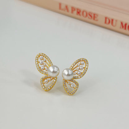 Women's Fashion Simple Sterling Silver Imitation Pearl Butterfly Earrings-Jewearrings