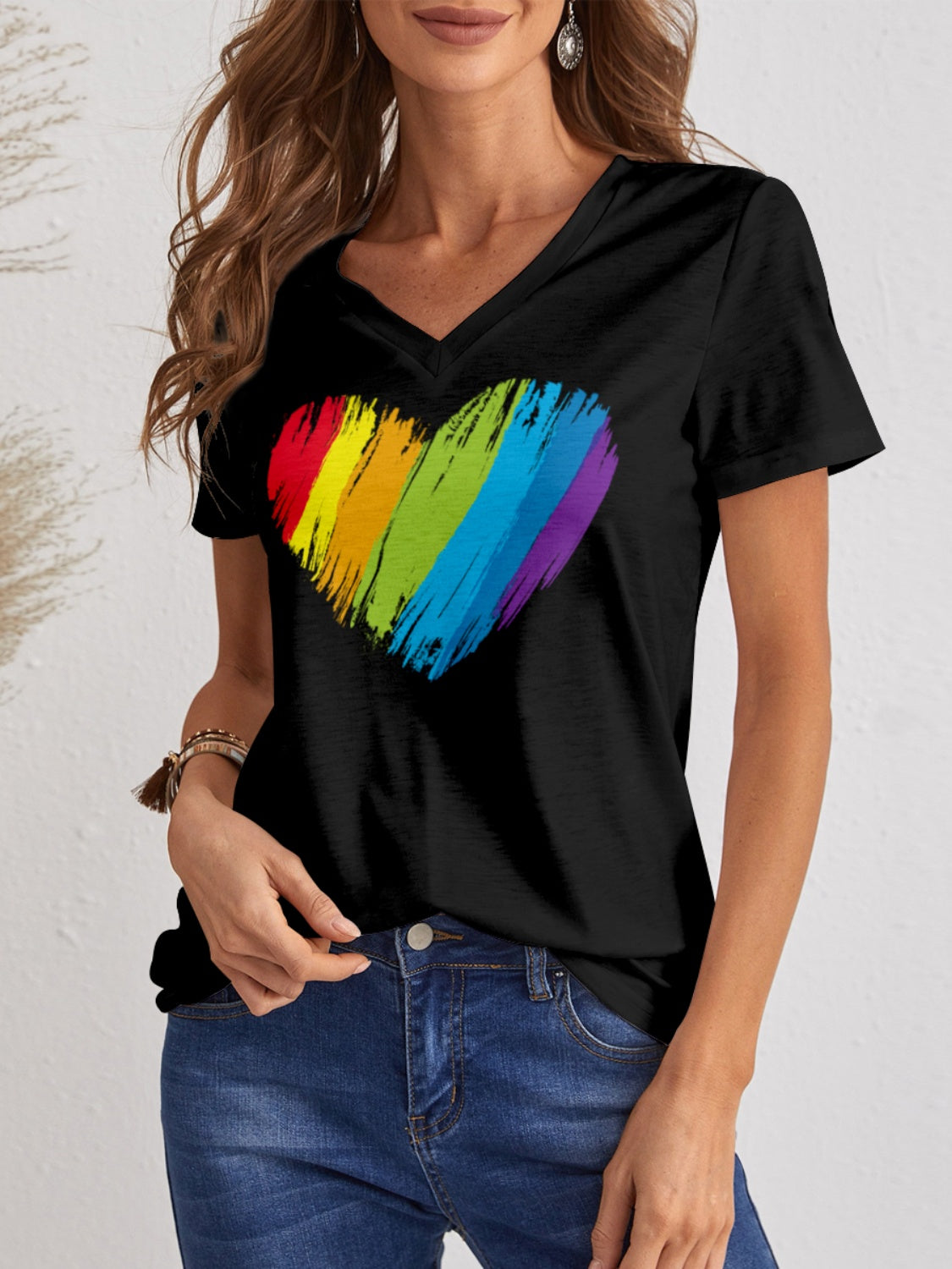 Heart V-Neck Dropped Shoulder T-Shirt-Jewearrings